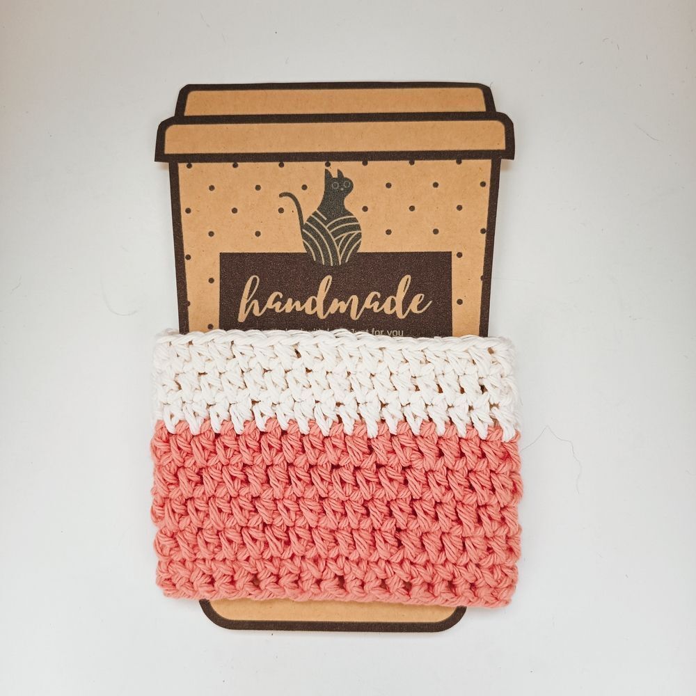 ❤️Handmade Crochet Cup Sleeve - Coral and White